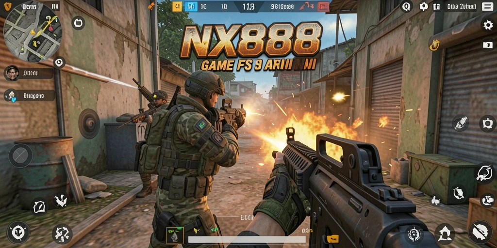 Tangkapan layar dari gameplay intens NX888 dengan aksi FPS yang mendebarkan.