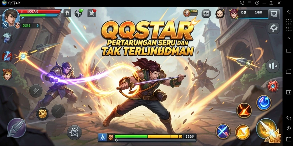 Screenshot menunjukkan pertarungan epic dalam QQSTAR dengan karakter unik.