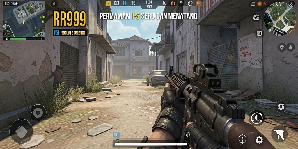Tampilan dinamis dari gameplay menembak di RR999 dengan grafis realistis.